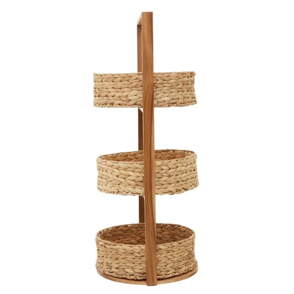 Three tier woven storage basket stand with round seagrass baskets and wooden frame