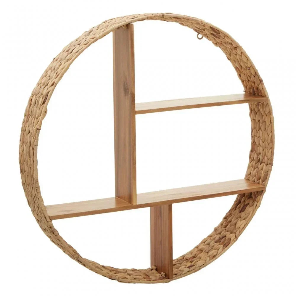 Round wicker wall shelf with wooden cross shelves and natural woven frame