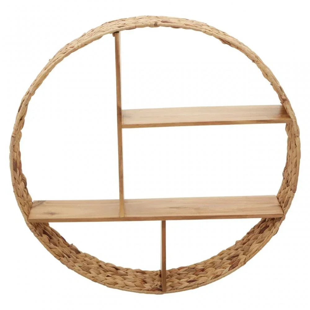Round wall shelf with woven wicker frame and wooden shelves, modern home storage unit