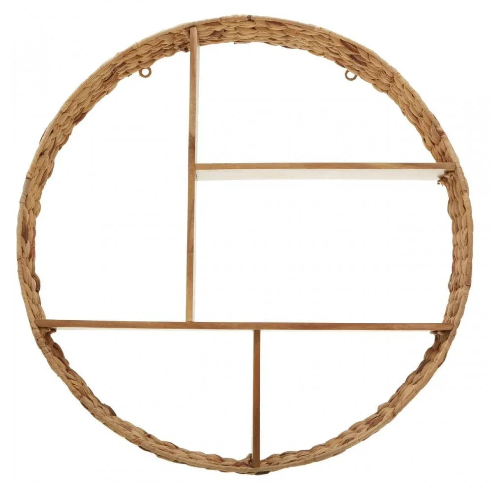 Round wicker wall shelf with wooden frame and four open display compartments
