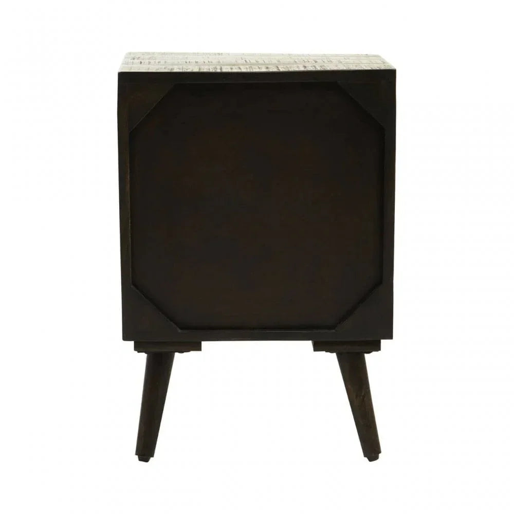 Side view of dark wooden bedside table with angled legs and paneled detail