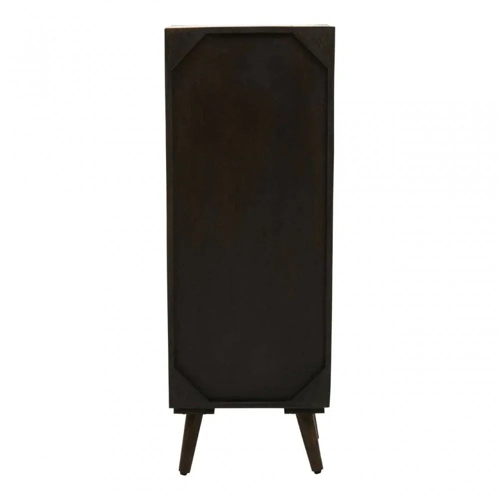 Side view of dark wood cabinet with tapered legs and clean rectangular frame