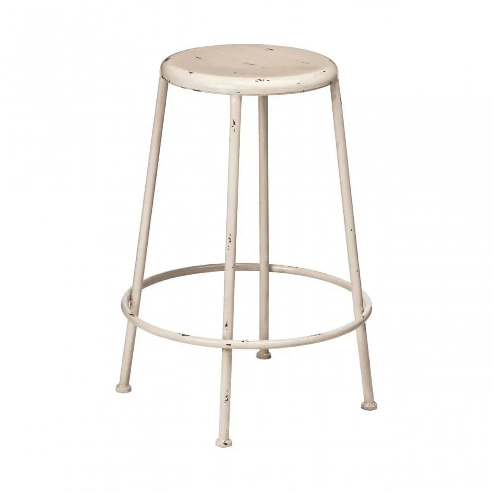 Industrial metal bar stool with distressed cream finish and circular seat