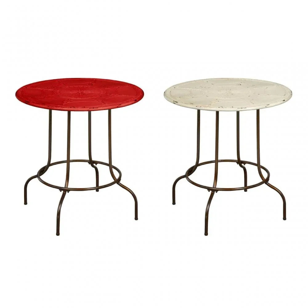 Round metal side tables with red and cream tops, bronze legs, vintage finish, front view