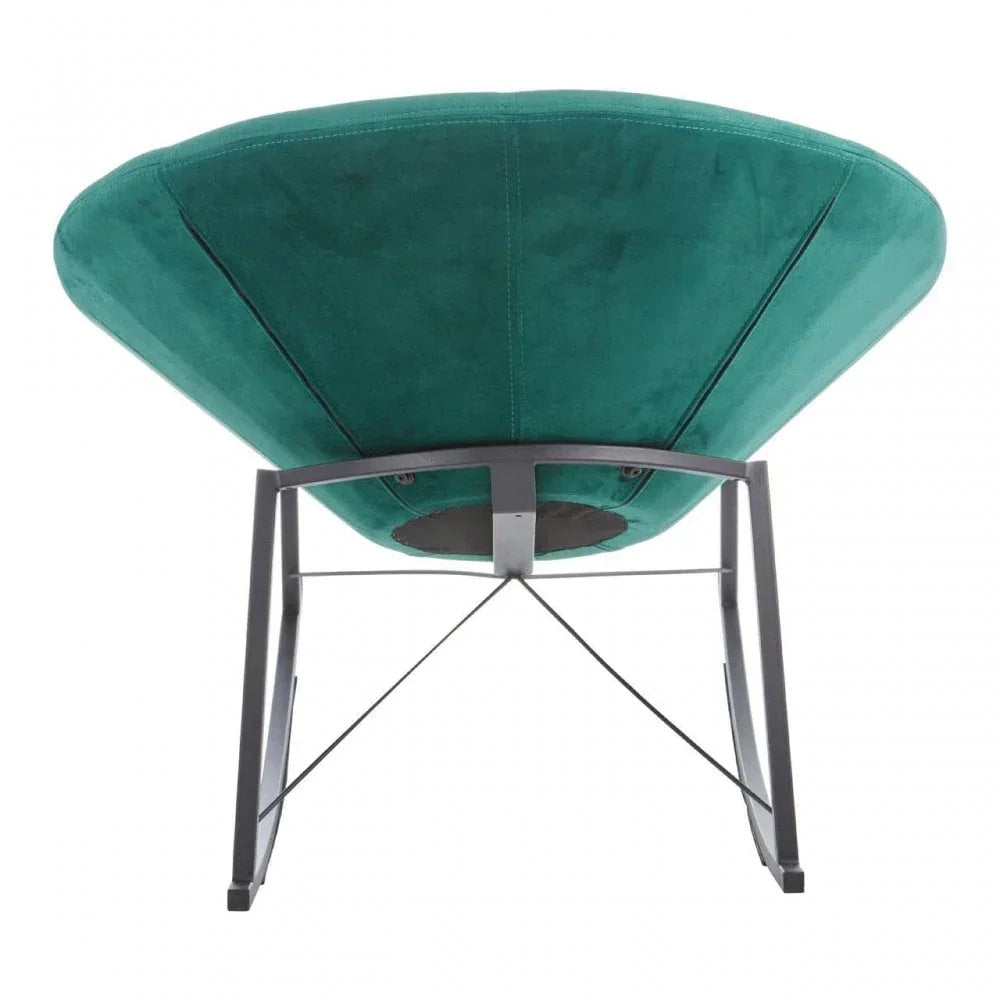 Green velvet accent chair with black metal legs, rear view highlighting frame support
