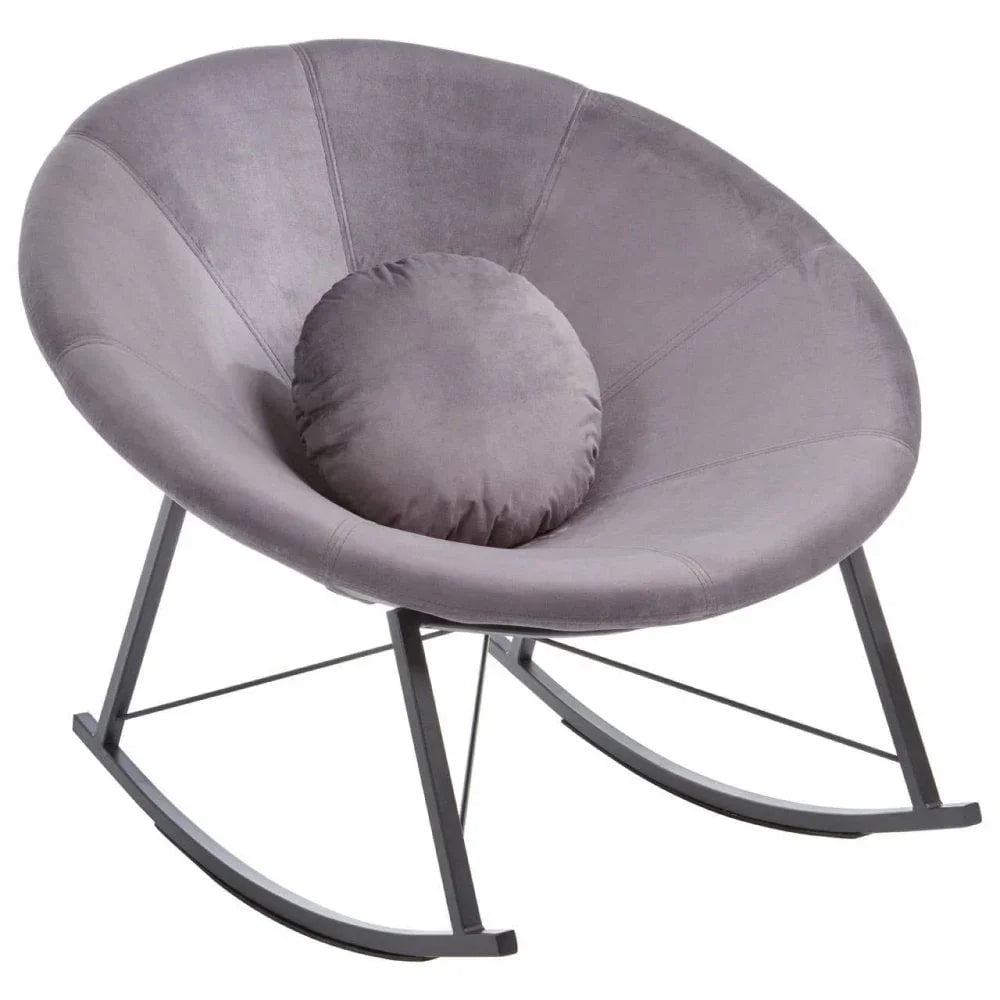 Grey velvet moon chair with round cushion and metal rocking base