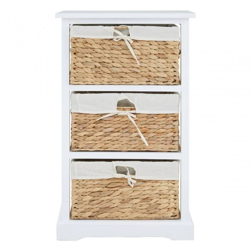 White storage unit with three woven wicker basket drawers and fabric liners