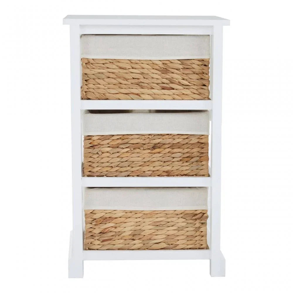 White storage cabinet with three woven basket drawers and linen fabric lining