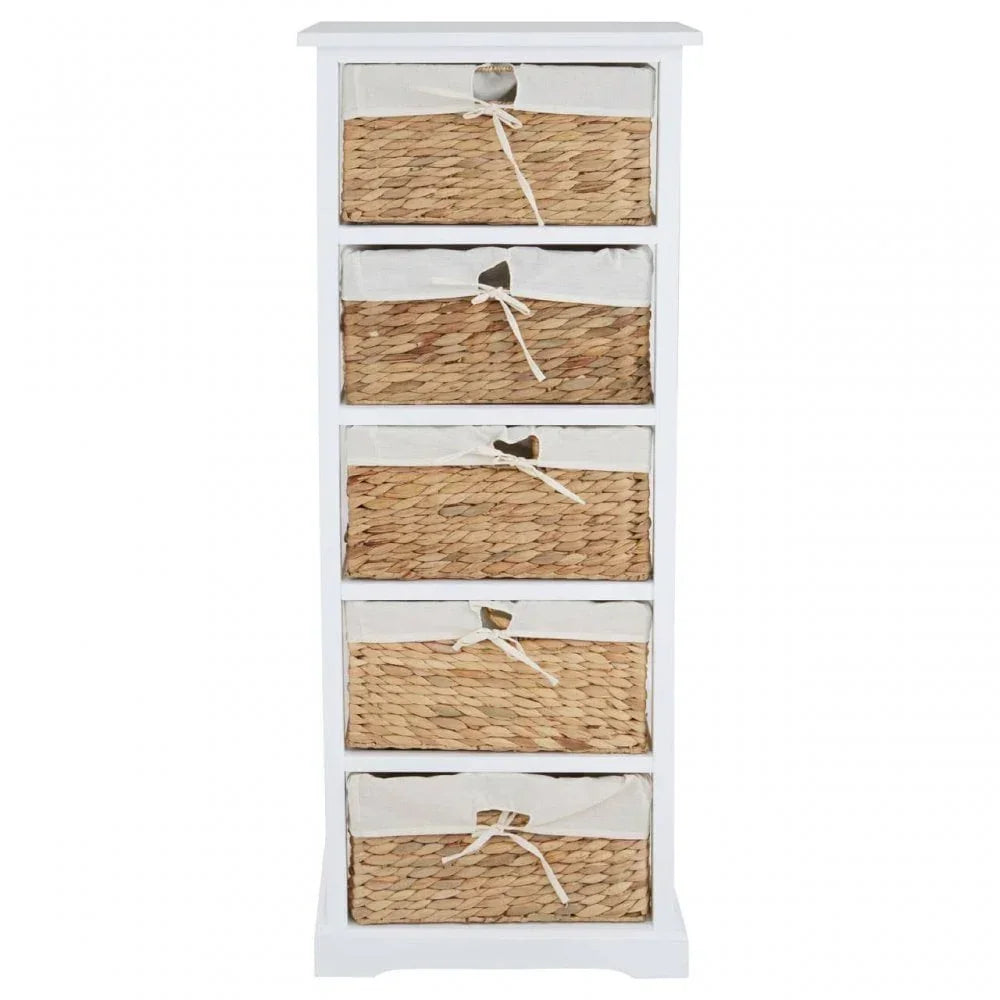 White storage unit with five wicker basket drawers and fabric handles, front view