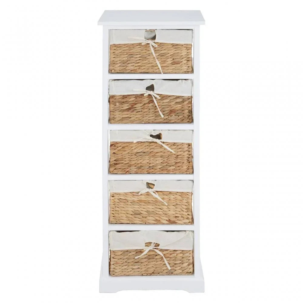 White wooden tallboy with five woven rattan storage drawers and ribbon handles
