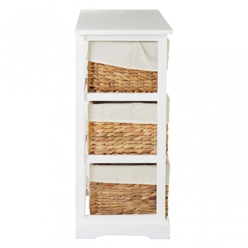 White storage unit with three wicker drawers and fabric liners, side view