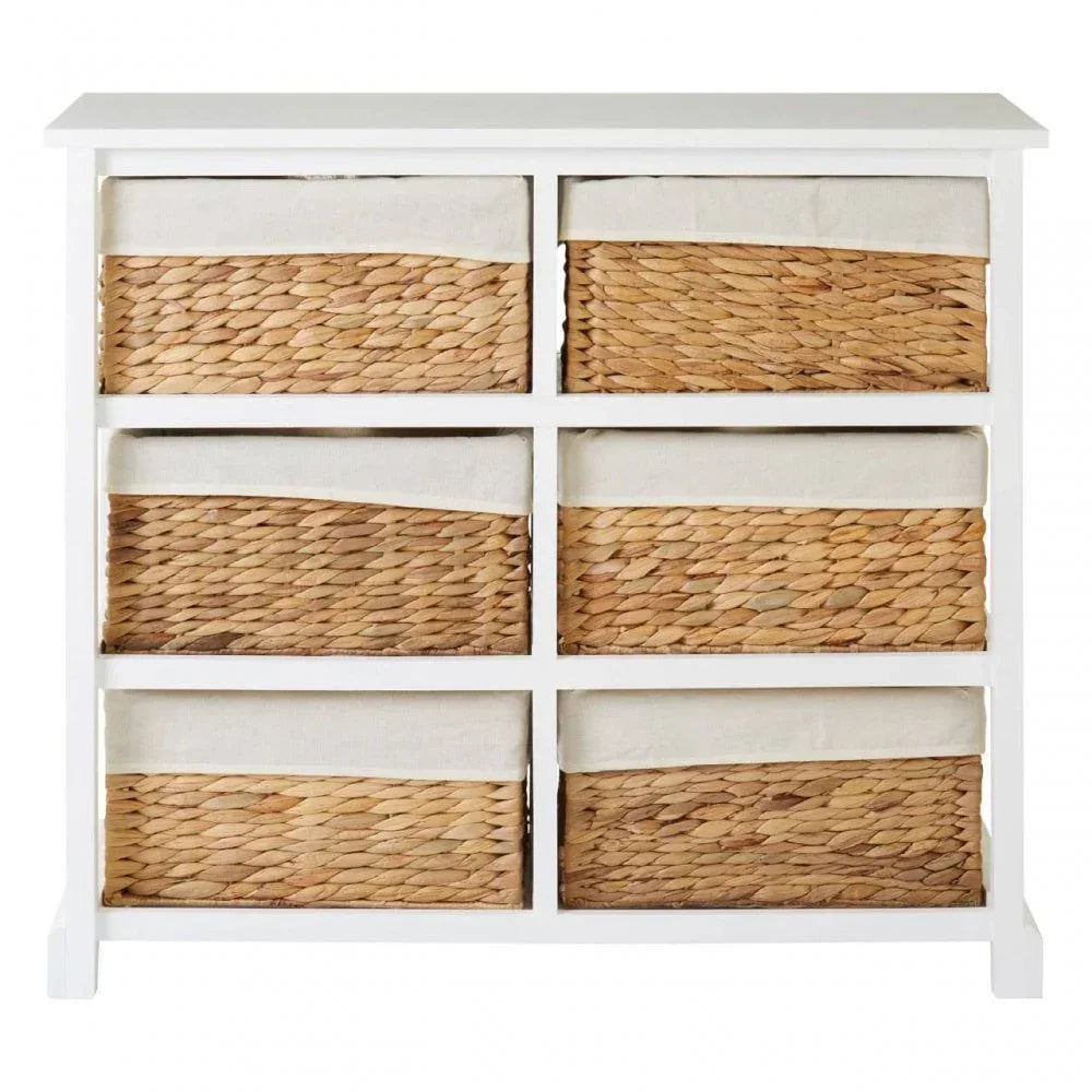 White storage unit with six wicker basket drawers and fabric liners