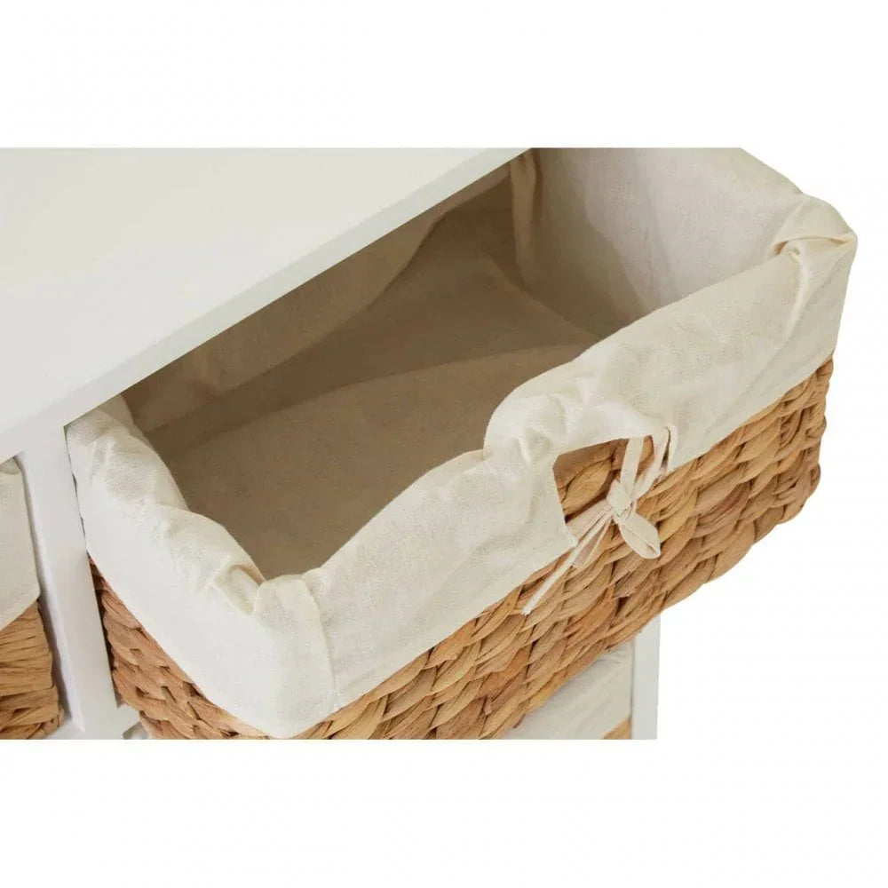 Close-up of woven storage basket with cream fabric liner in a wooden unit