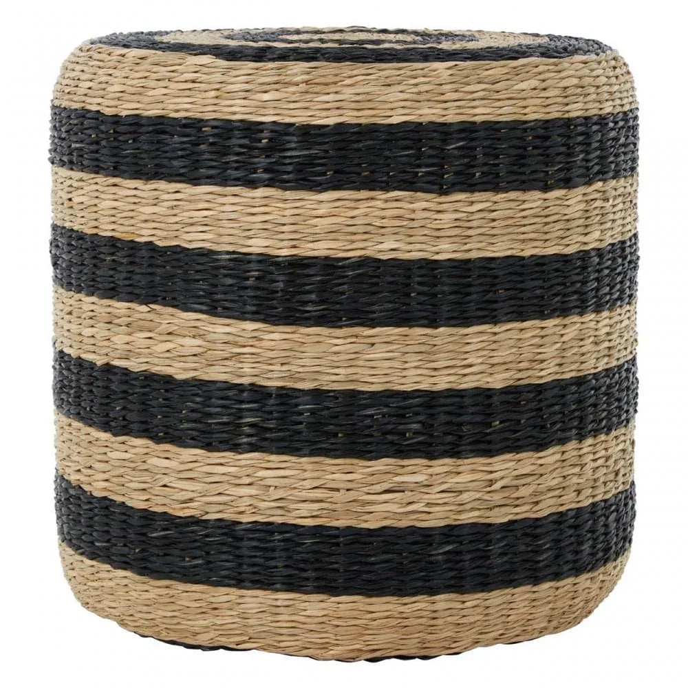 Round woven ottoman with black and natural seagrass stripes front view