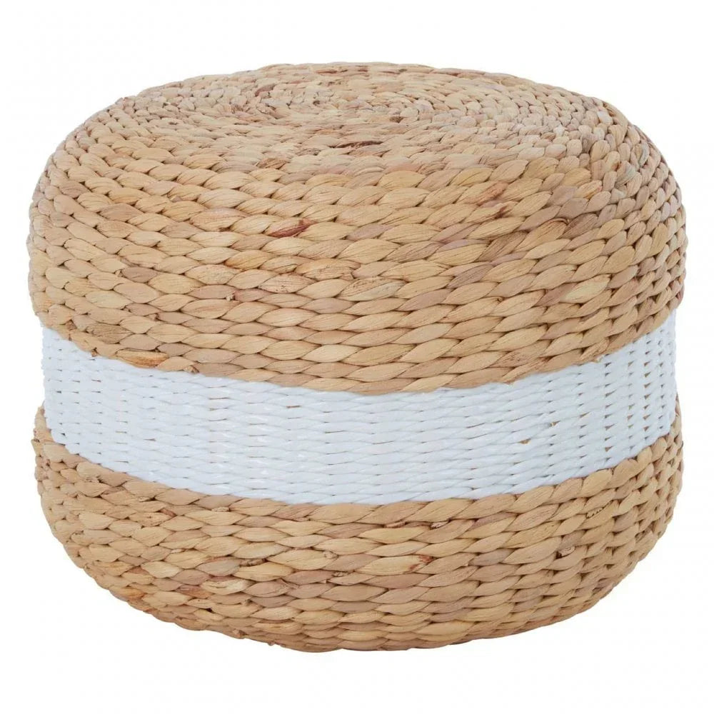 Round woven pouffe with natural seagrass texture and white stripe accent