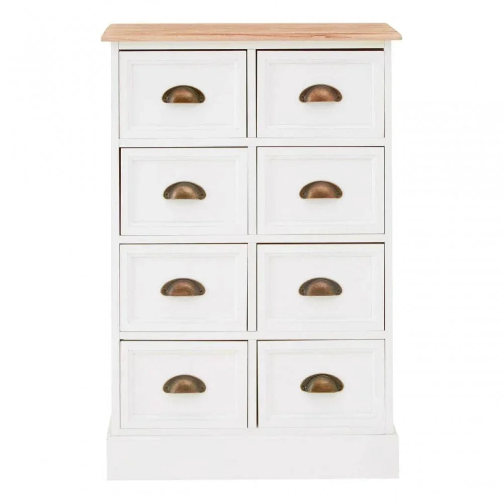 White chest of drawers with natural wood top and eight brass handles, front view