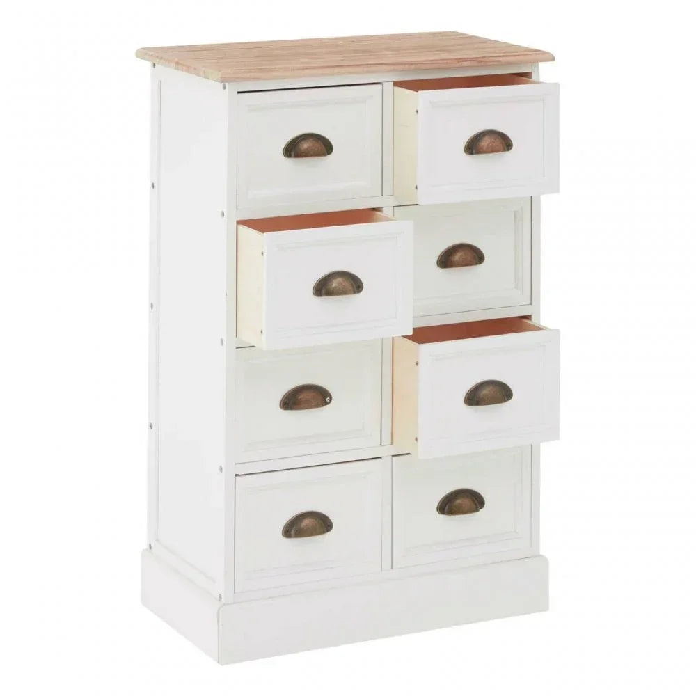 White wooden chest of drawers with vintage handles and partially open storage drawers