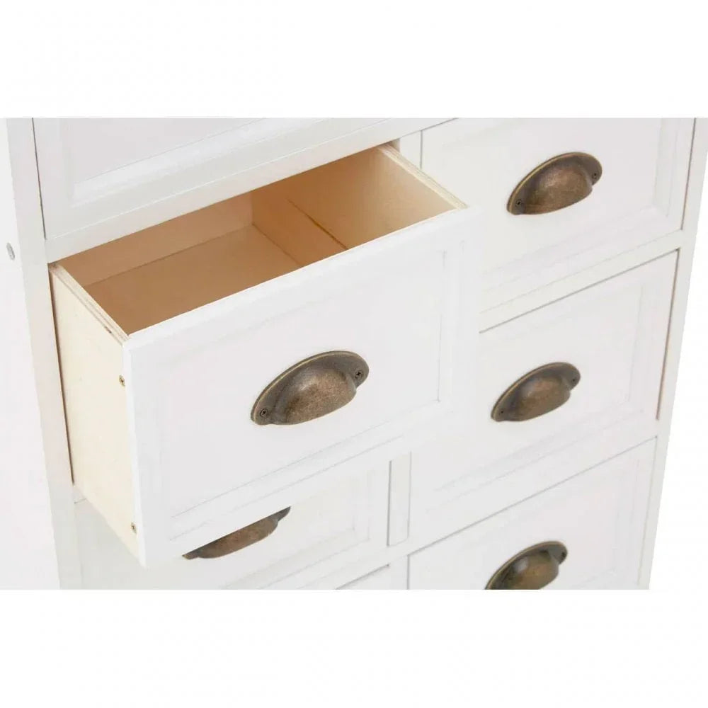 White wooden chest of drawers with vintage brass cup handles, one drawer open