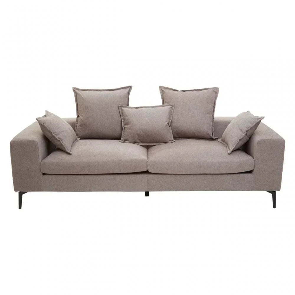 Beige fabric sofa with five matching cushions and slim black legs, front view