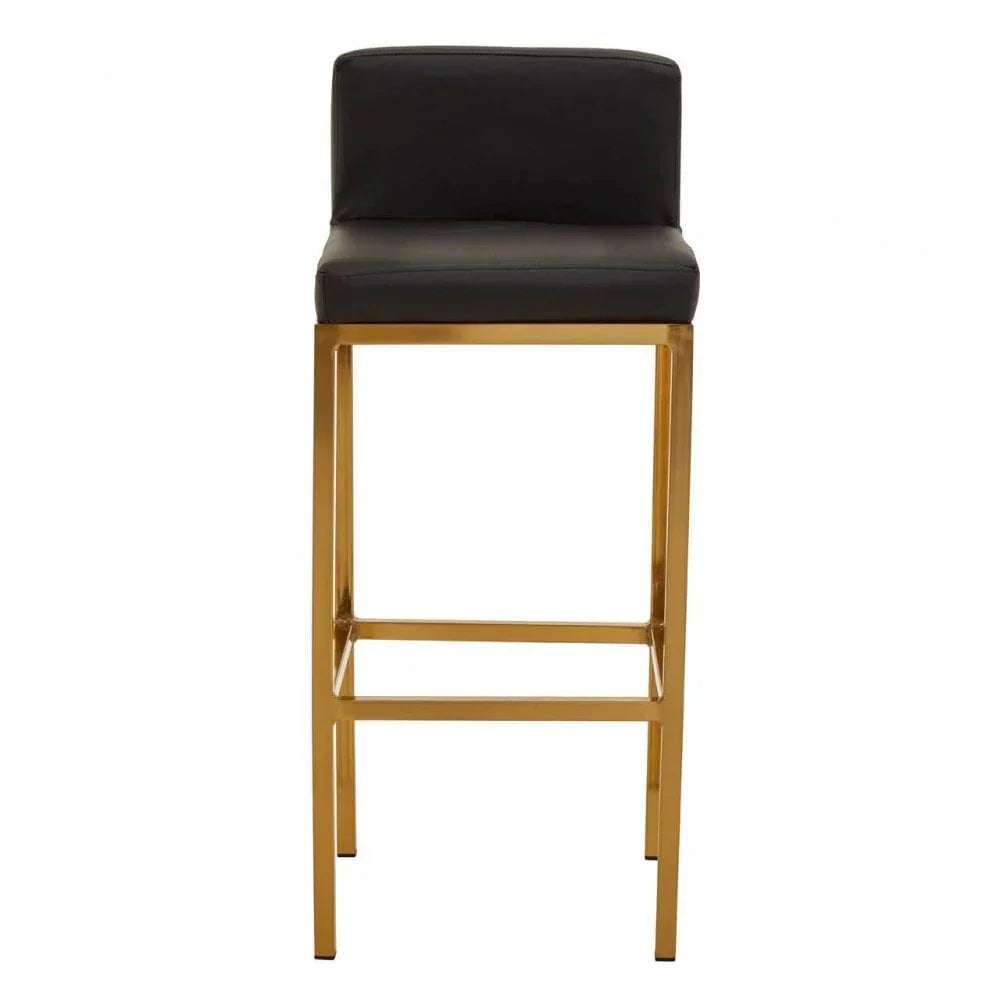Black bar stool with gold metal frame and low backrest, front view
