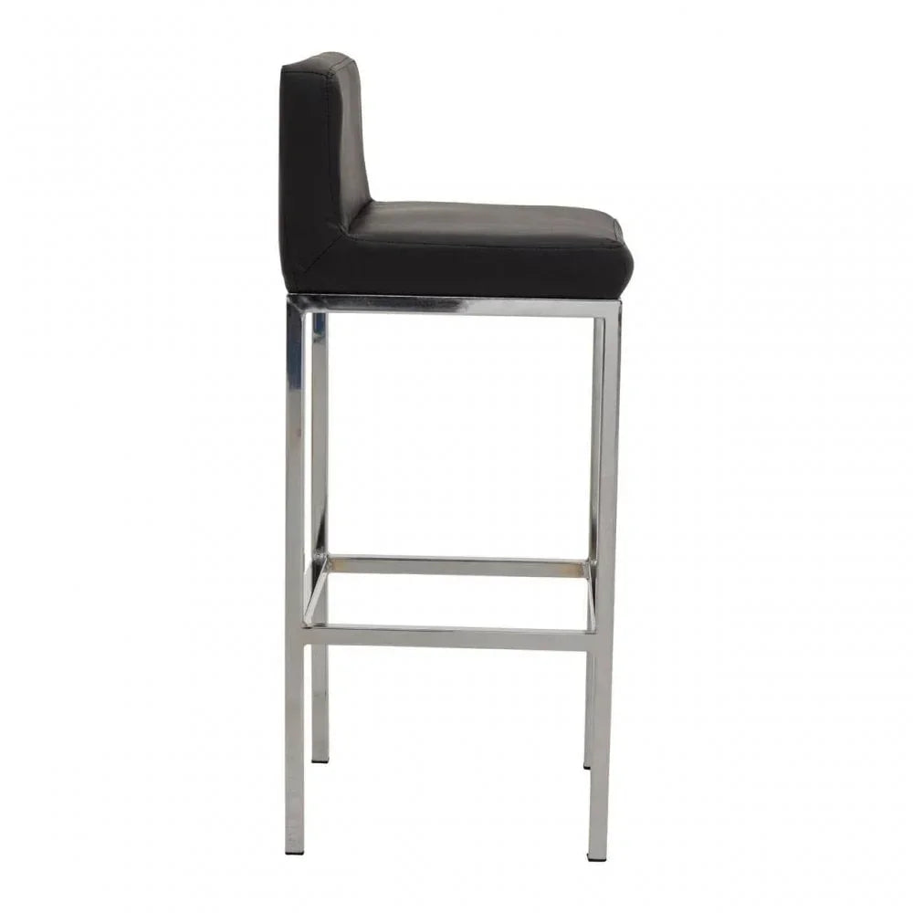 Black bar stool with chrome metal legs and low backrest, side profile view