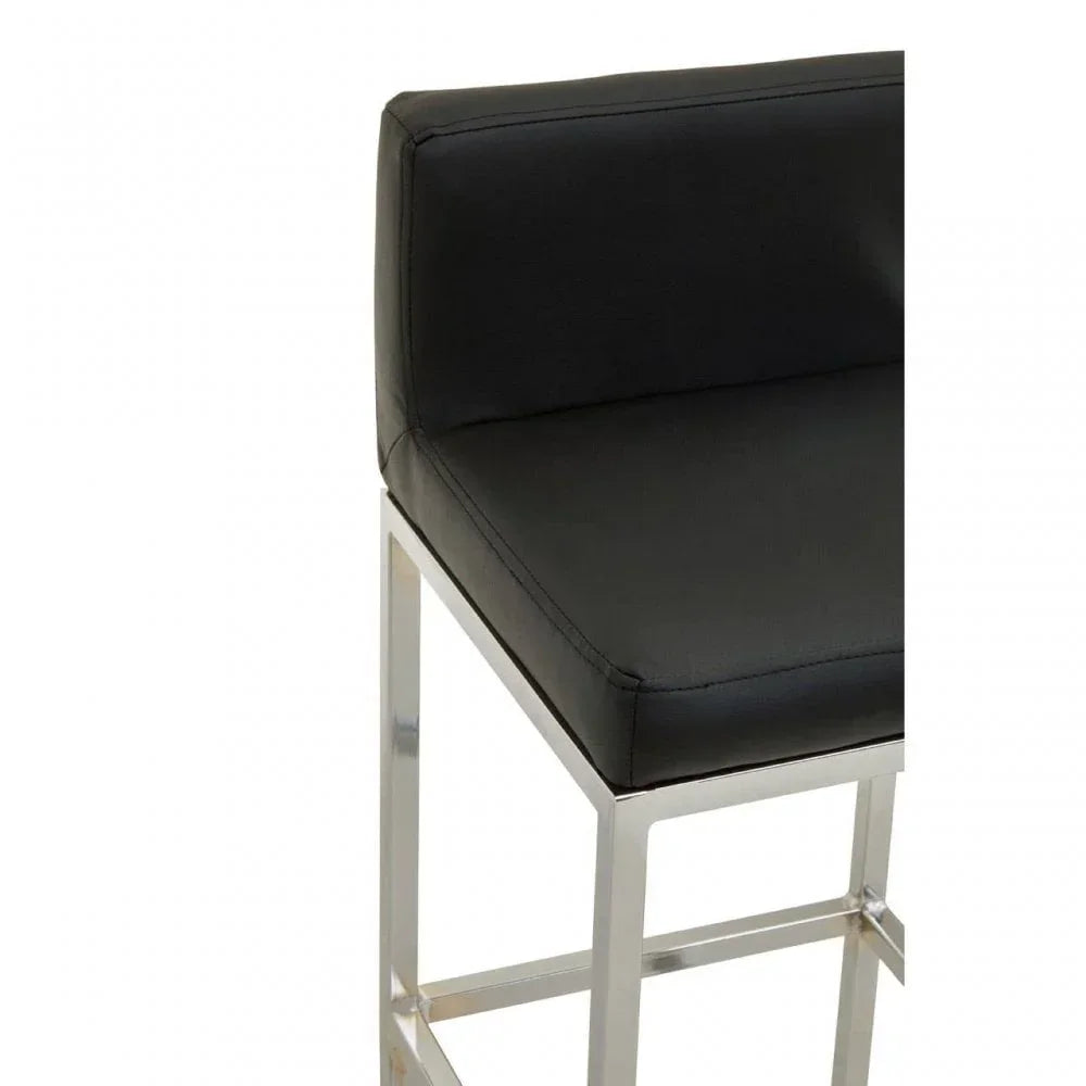 Black faux leather bar stool with chrome legs, corner seat and backrest detail