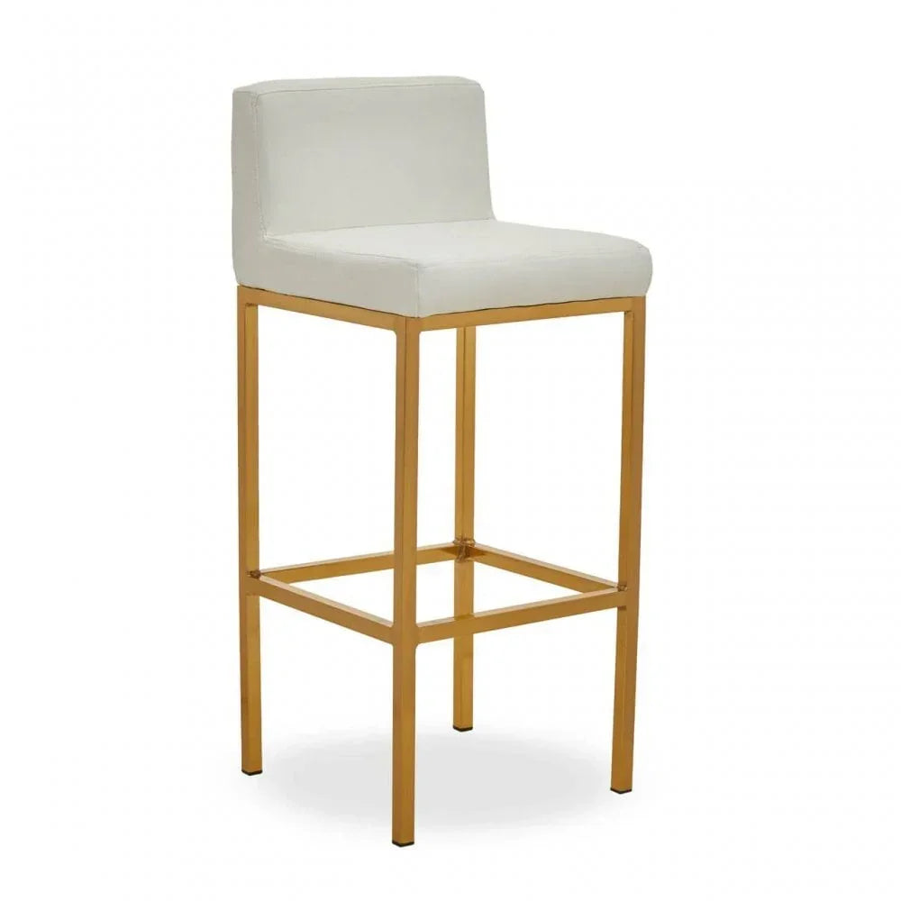 White bar stool with gold metal frame and low backrest