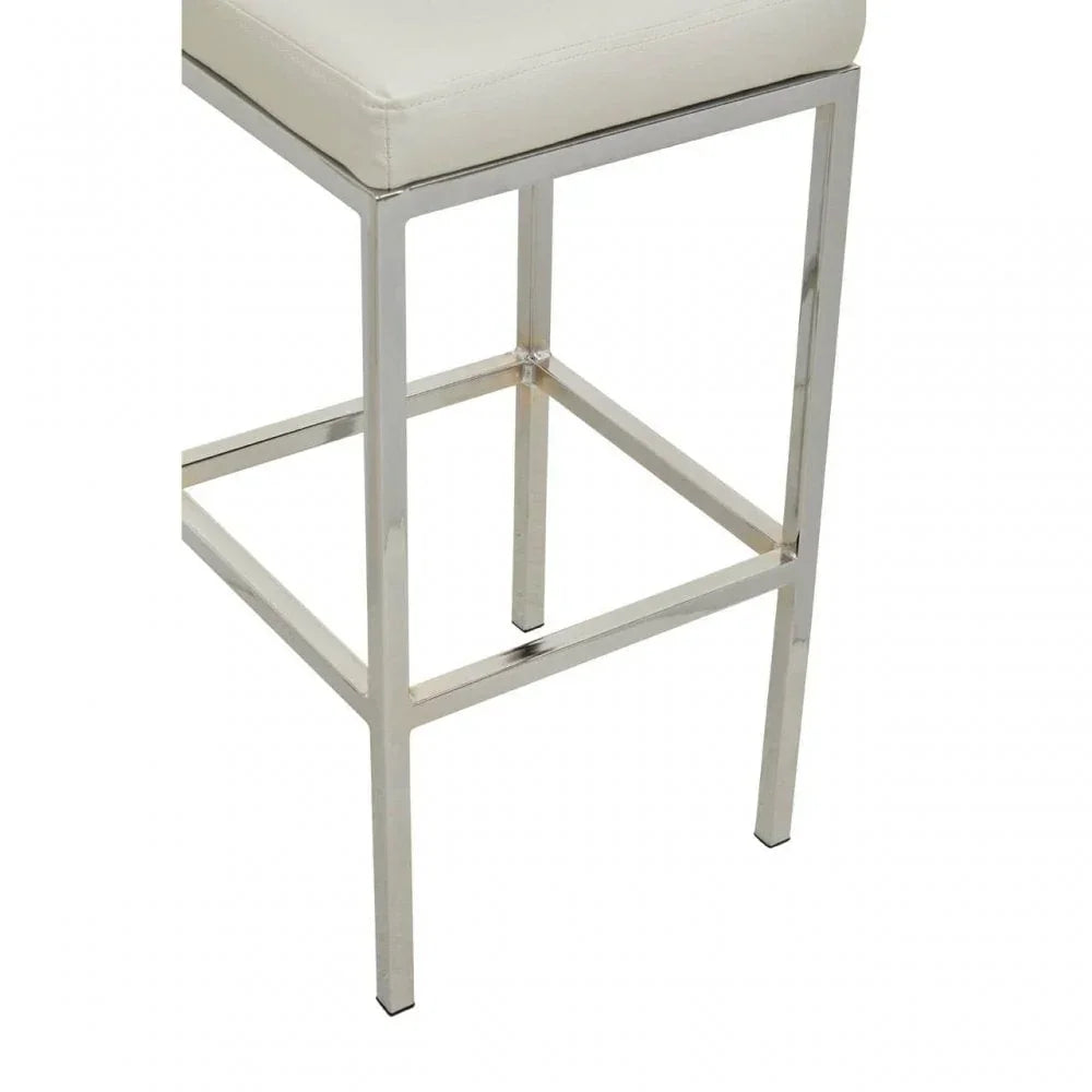 Modern bar stool with chrome metal frame and white cushioned seat, side angle view