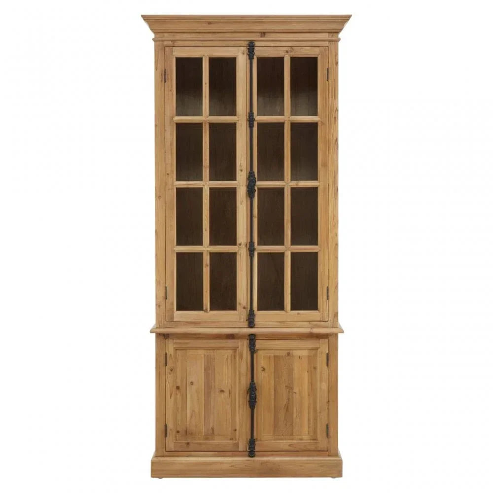 Tall wooden display cabinet with glass pane doors and lower storage section