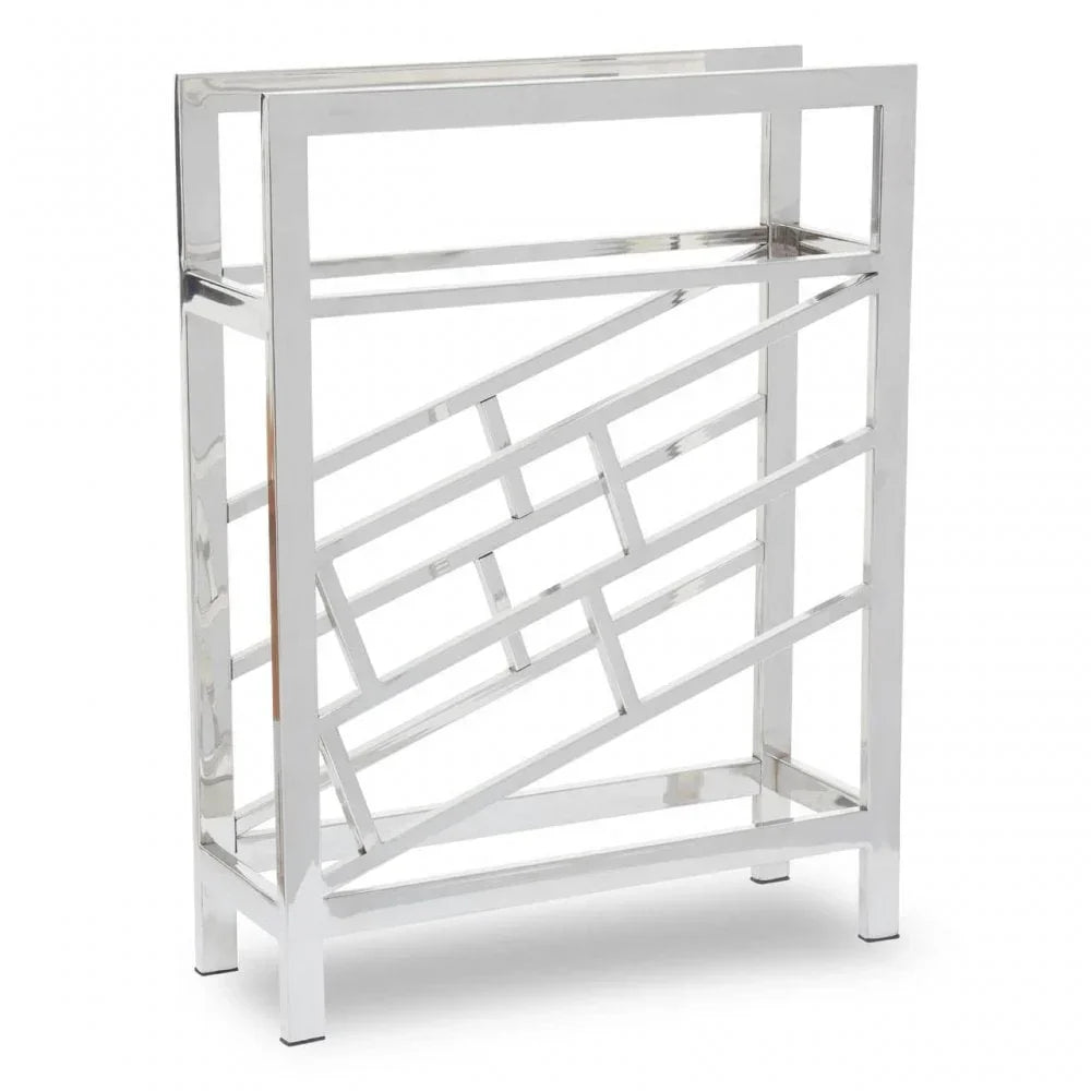 Chrome metal magazine rack with geometric openwork design and rectangular frame