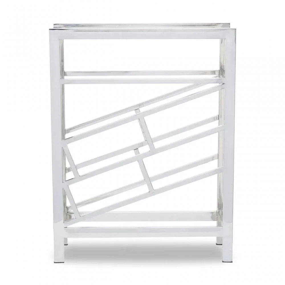 Chrome console table with geometric metal frame and rectangular top