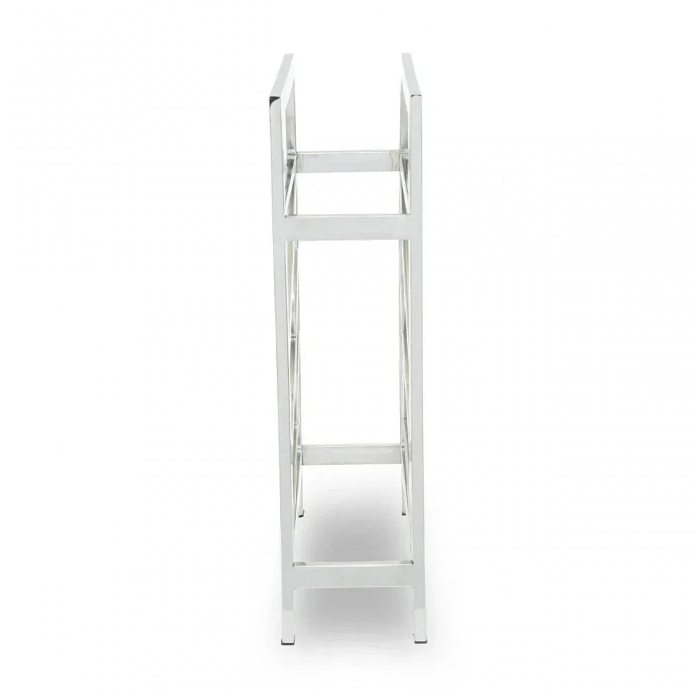 Side angle of chrome console table frame with rectangular legs and open base design