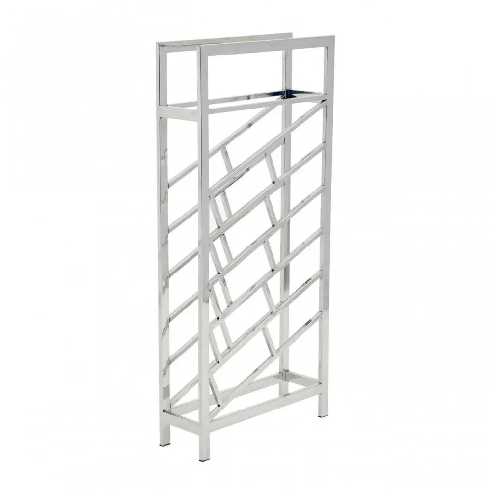 Chrome metal wine rack with geometric lattice design standing upright