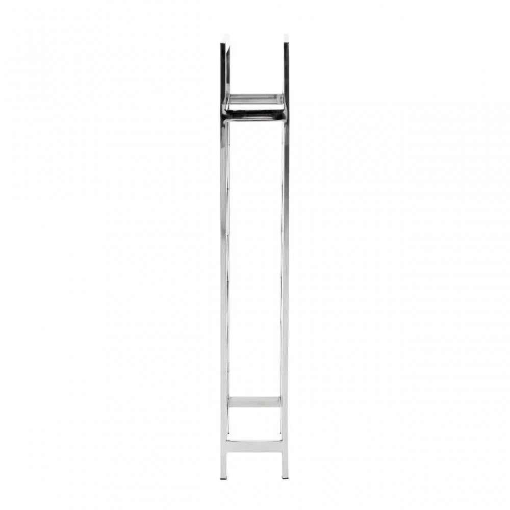 Tall chrome metal plant stand side view with slim frame and open rectangular base