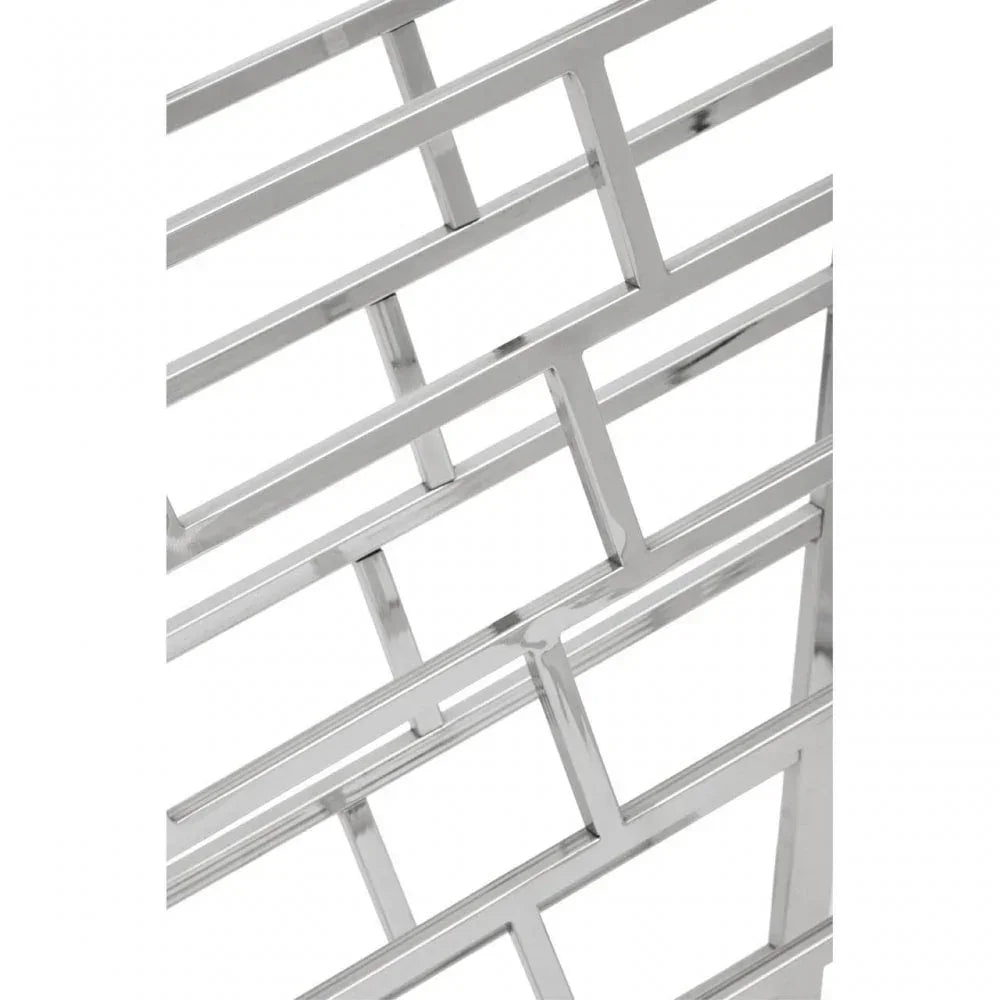 Closeup of chrome metal geometric table frame with modern rectangular pattern
