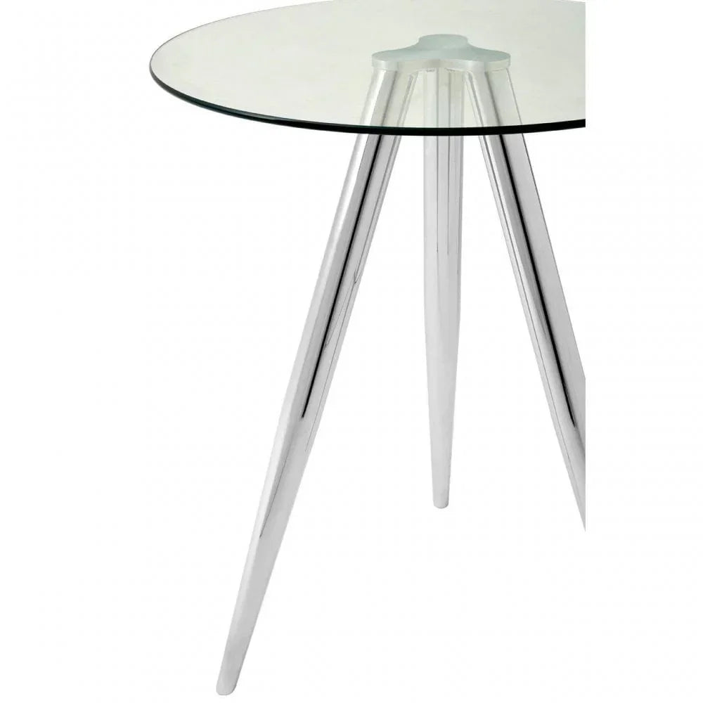 Glass top side table with chrome metal legs, close-up showing leg design detail