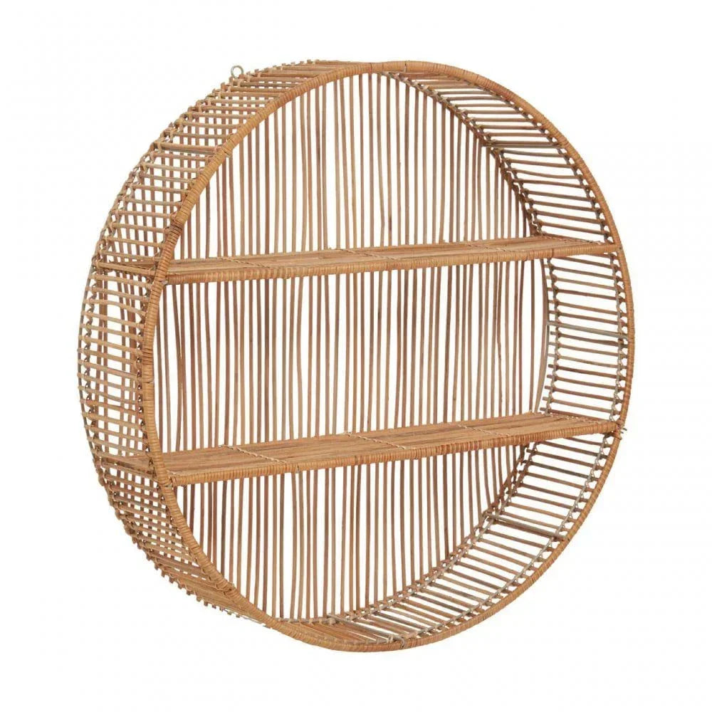 Round rattan wall shelf with two wooden shelves and open slatted design