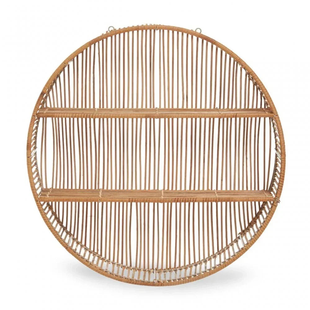 Round rattan wall shelf with two horizontal shelves and vertical slats