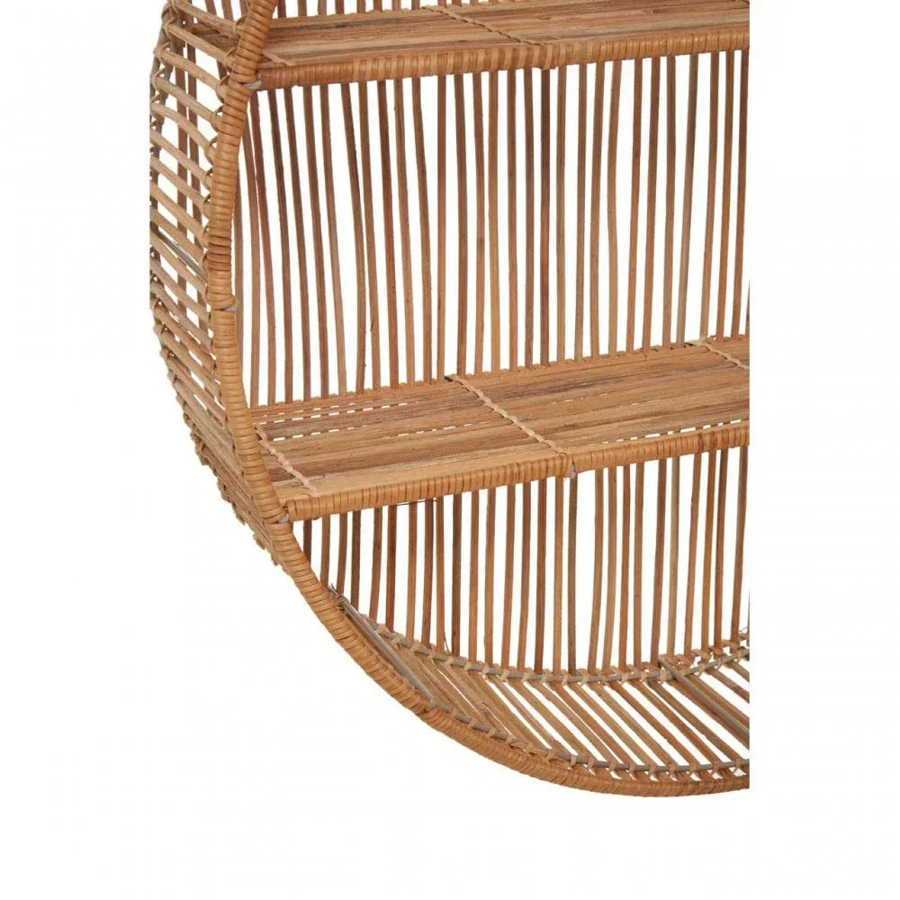Half-round rattan wall shelf with open slatted design and two display tiers