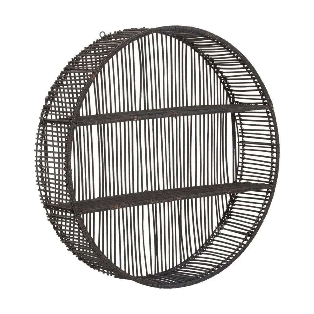 Round black metal wall shelf with two shelves and open slatted design
