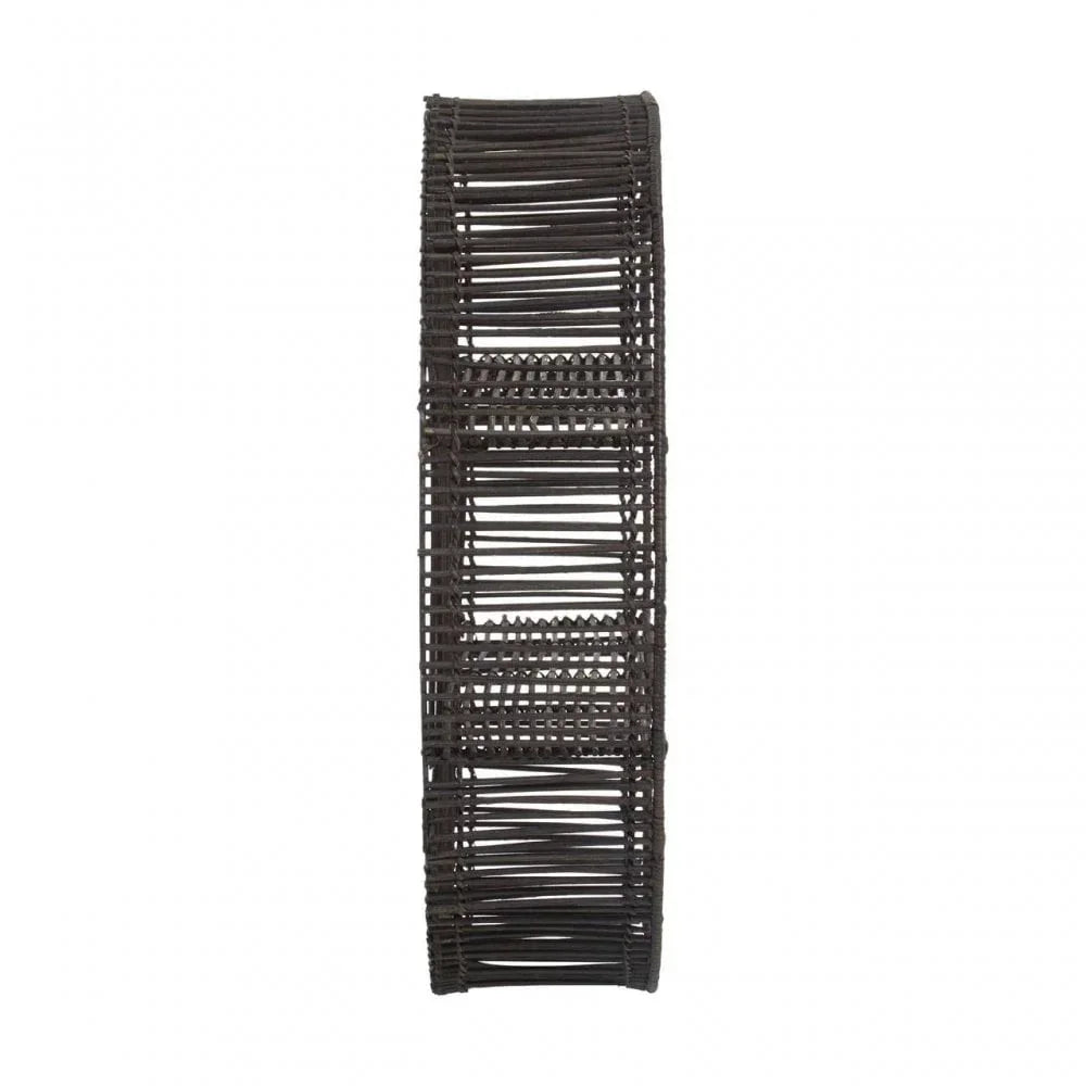 Brown rattan shelf with woven open sides, narrow rectangular wall-mounted design