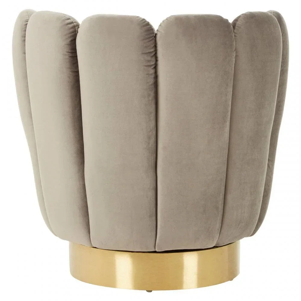 Beige velvet accent chair with fluted backrest and gold metal base, rear view