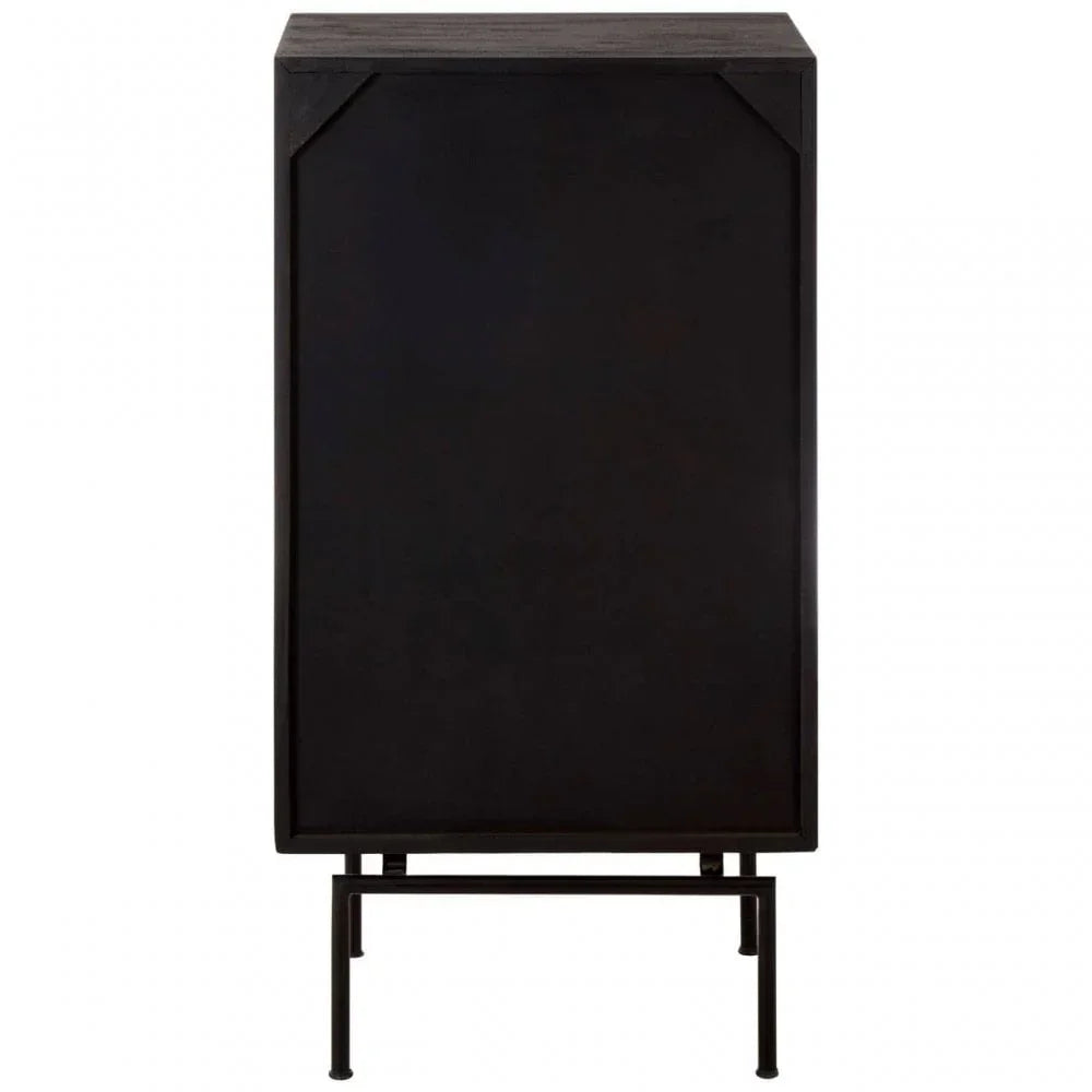 Black wooden cabinet with slim metal legs, side view