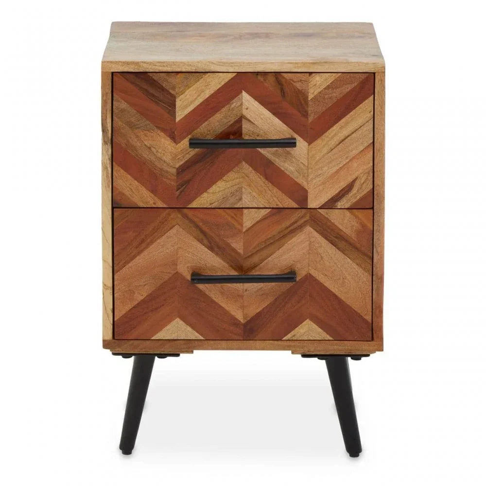 Chevron wood bedside table with two drawers and black metal handles on angled legs
