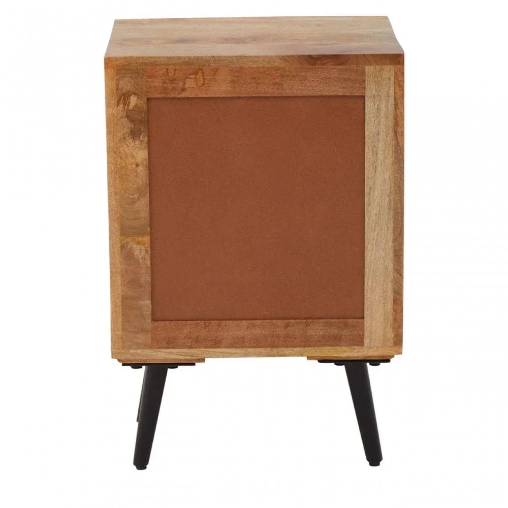Side view of wooden bedside table with black angled legs