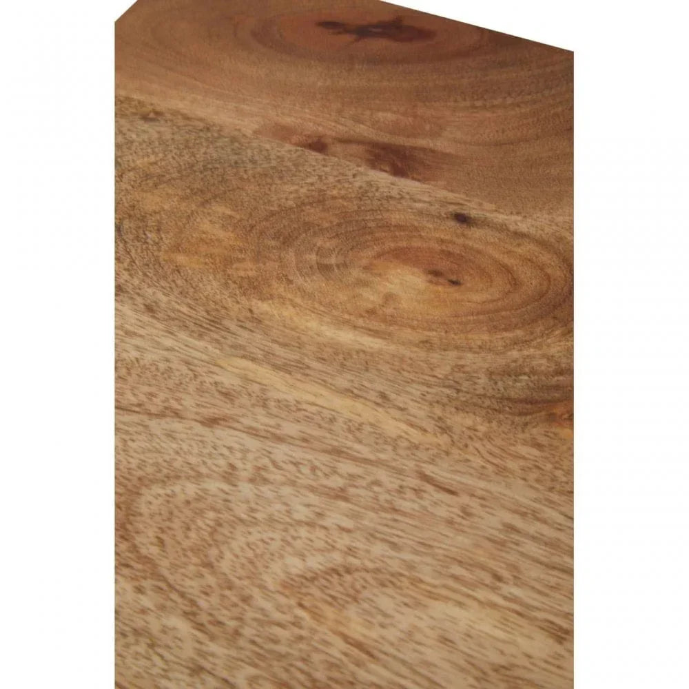 Solid mango wood tabletop surface with natural grain detail and brown finish