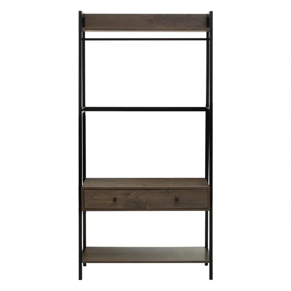 Industrial style shelving unit with metal frame, wooden shelves and two storage drawers