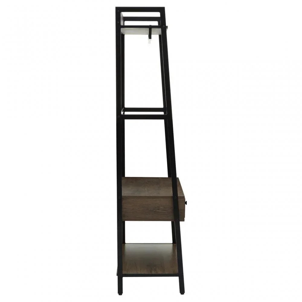 Side view of black metal and wood hall stand with drawer and lower shelf