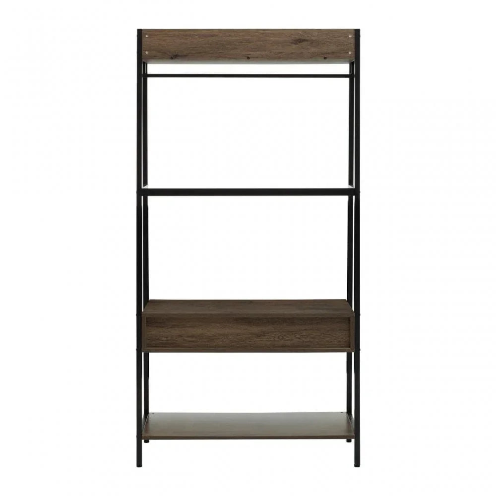 Industrial style shelving unit with black metal frame and wood shelves, front view