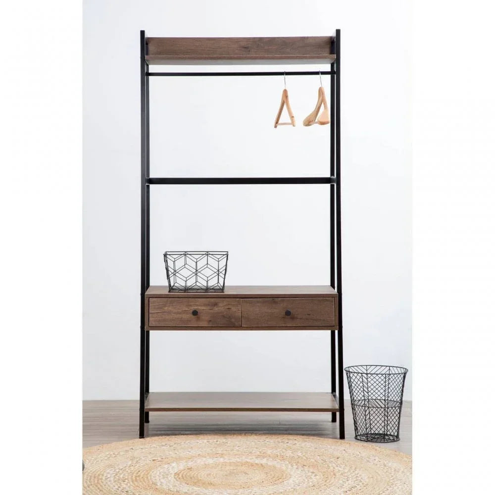 Industrial wardrobe with metal frame, wooden shelves, hanging rail, and storage drawers